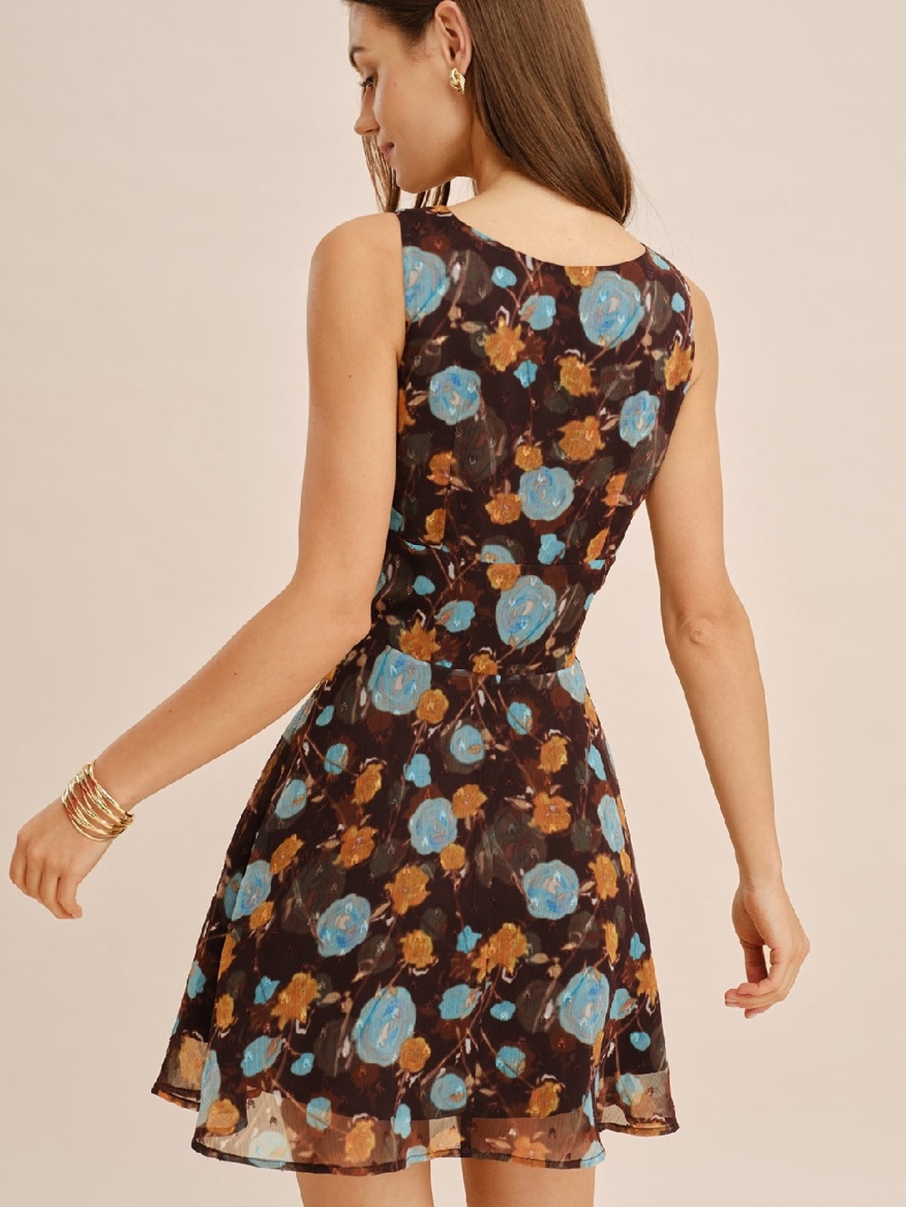 RIHOAS Brown Floral Mini Dress with Blue and Amber Blooms - Picture 2 of 6